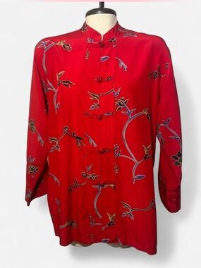 Chicos Design 100% Silk Mandarin Collar Floral Tunic Top Red Asian Size 0